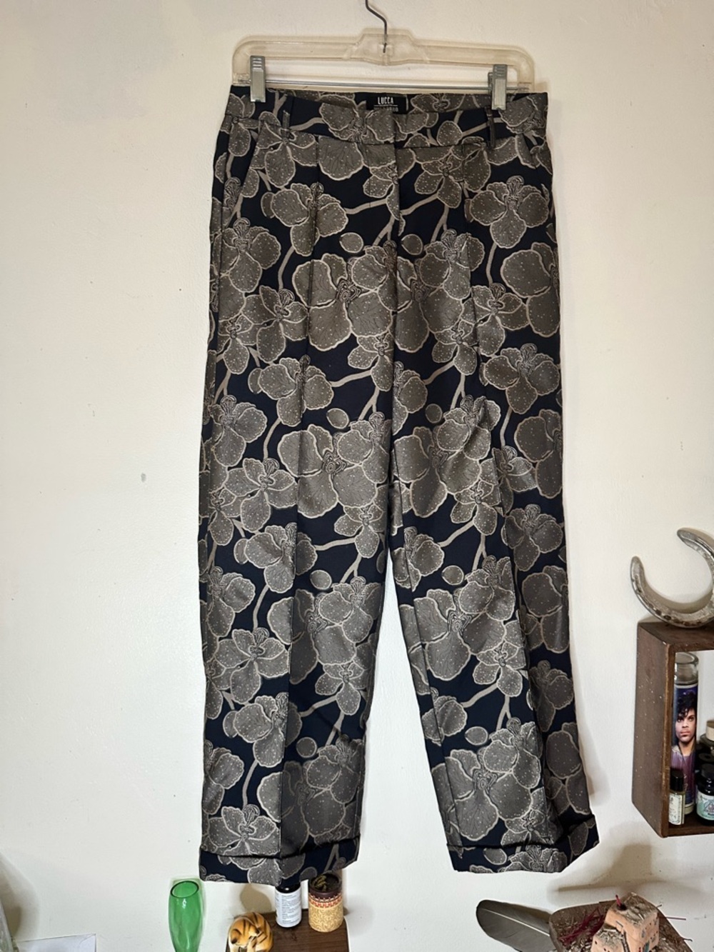 Lucca for Wildfang Black Trousers with Gold Floral Motif Size XS
